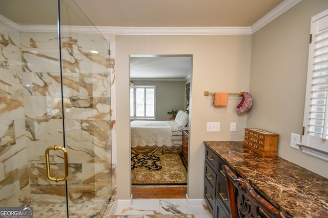 bathroom featuring wood-type flooring, vanity, crown molding, and a shower with door