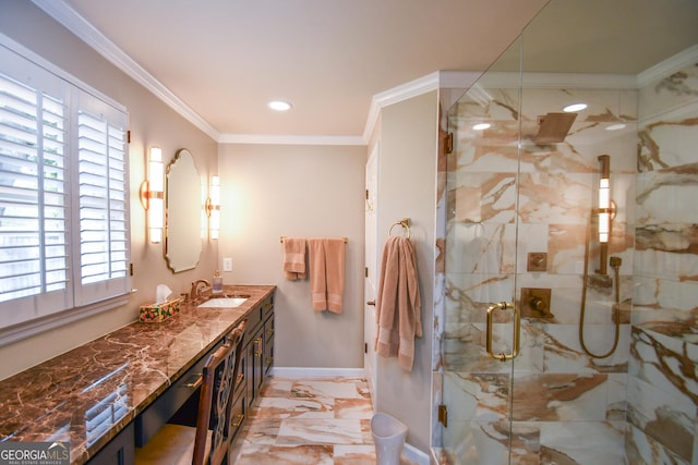 bathroom with ornamental molding, a healthy amount of sunlight, vanity, and walk in shower