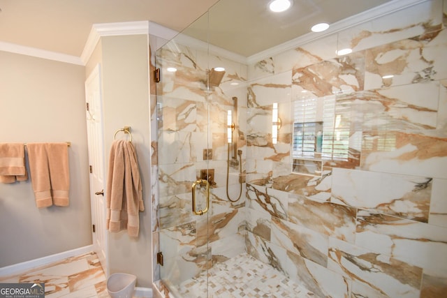 bathroom featuring crown molding and an enclosed shower