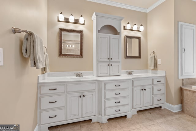 bathroom featuring vanity, tile patterned flooring, tiled tub, and ornamental molding