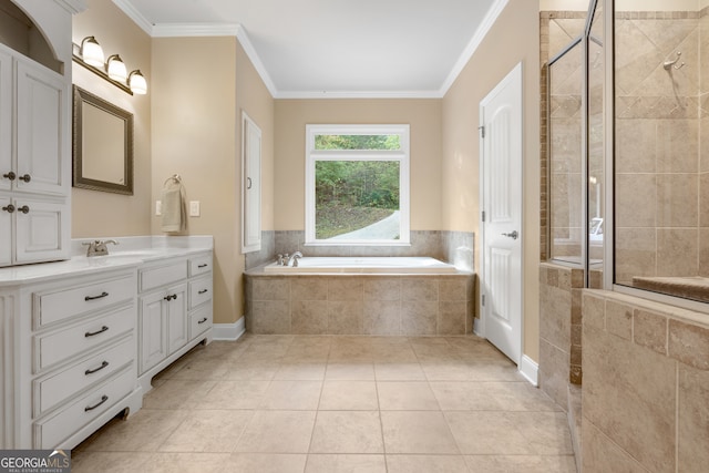 bathroom with independent shower and bath, vanity, tile patterned floors, and crown molding