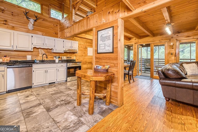 kitchen featuring appliances with stainless steel finishes, a healthy amount of sunlight, wood ceiling, and light wood-type flooring