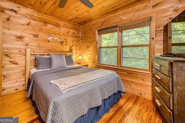 bedroom featuring ceiling fan, wooden walls, light wood-type flooring, and wooden ceiling