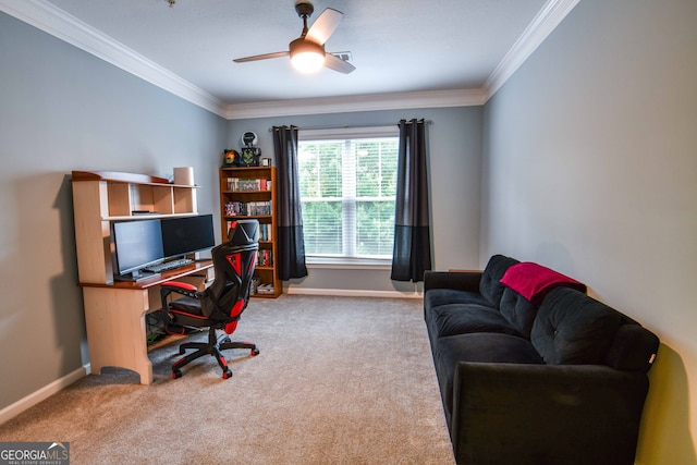 office featuring crown molding, carpet, and ceiling fan