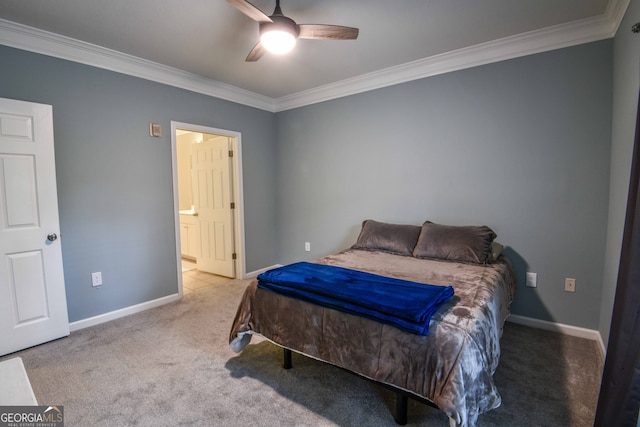 bedroom featuring ceiling fan, light carpet, and ornamental molding