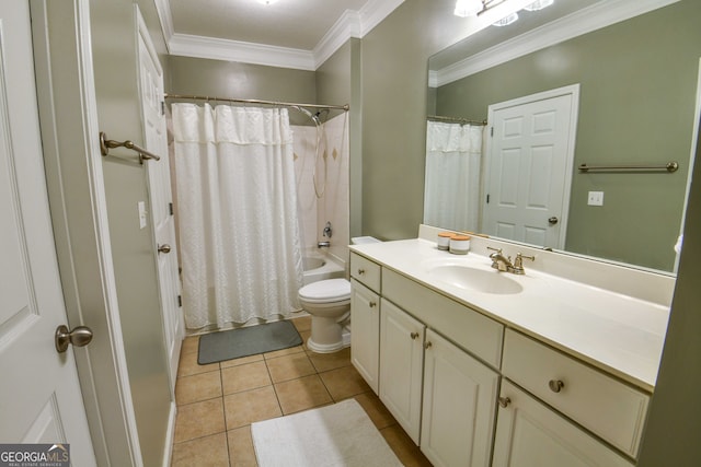 full bathroom featuring vanity, ornamental molding, shower / bath combo with shower curtain, tile patterned floors, and toilet