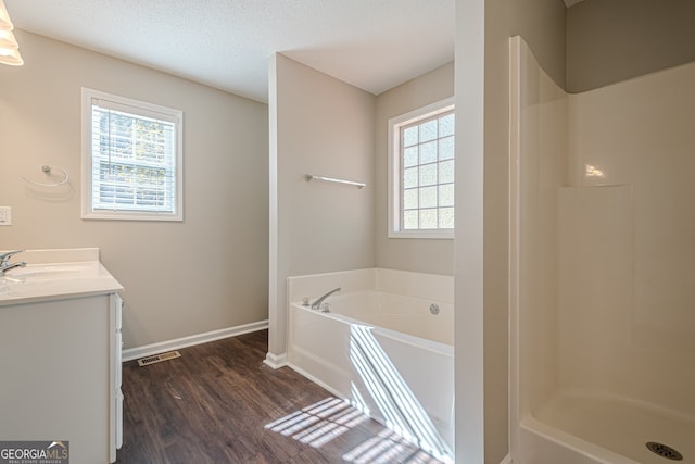 bathroom with hardwood / wood-style floors, plenty of natural light, a textured ceiling, and vanity