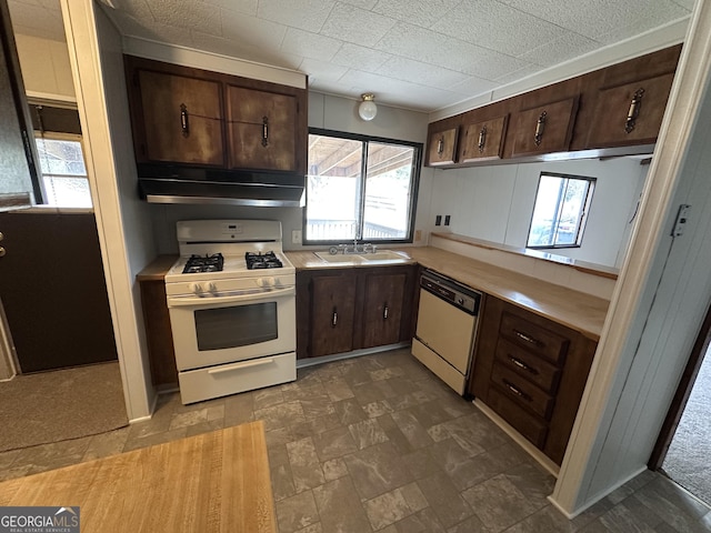 kitchen with dark brown cabinetry, sink, and white appliances