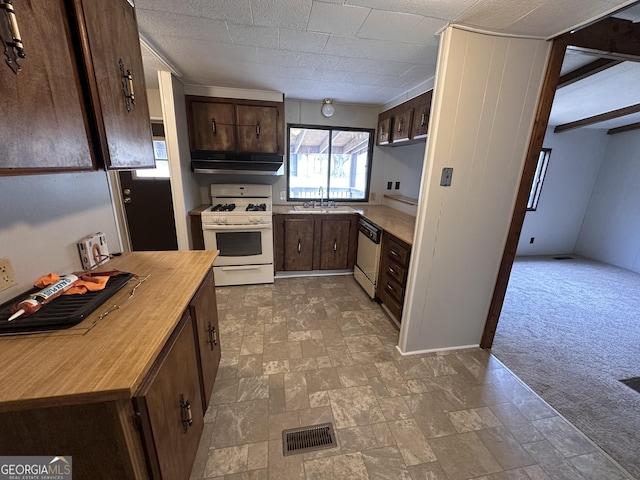 kitchen featuring dark brown cabinetry, sink, white appliances, and light carpet