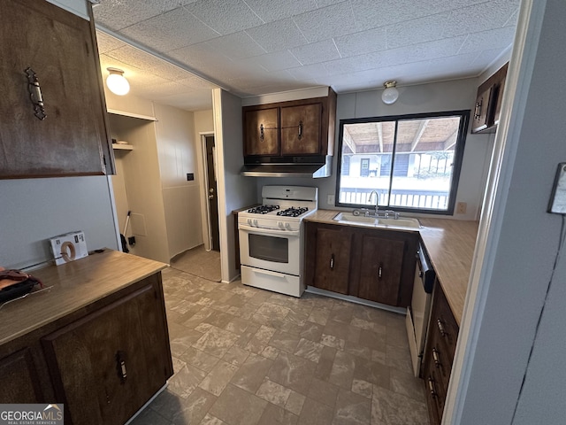 kitchen with stainless steel dishwasher, white gas range, sink, and dark brown cabinets