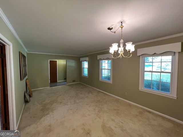 empty room with light carpet, an inviting chandelier, and ornamental molding