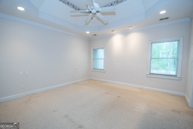 carpeted spare room featuring ceiling fan, a raised ceiling, and crown molding