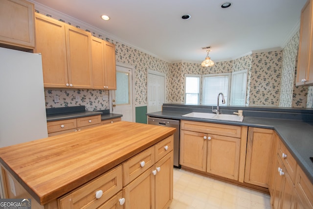 kitchen with a kitchen island, dishwasher, butcher block counters, crown molding, and sink