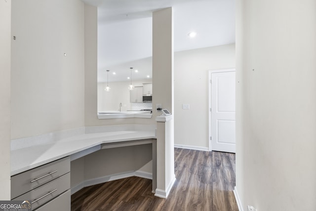 unfurnished office with sink and dark wood-type flooring