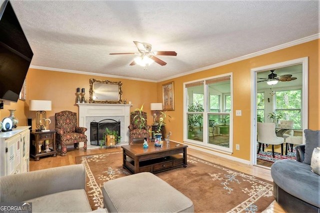 living room featuring ceiling fan, ornamental molding, and hardwood / wood-style floors