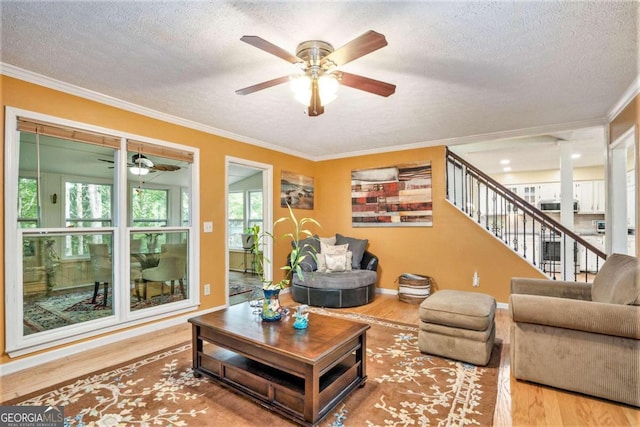 living room with a textured ceiling, wood-type flooring, and ornamental molding