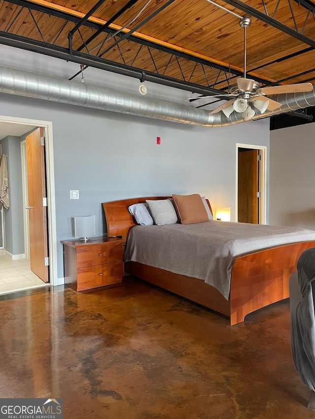 bedroom with ceiling fan, wooden ceiling, and concrete floors