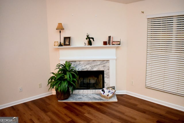 living room featuring hardwood / wood-style floors and a premium fireplace