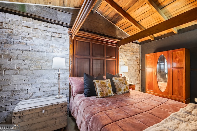 bedroom with vaulted ceiling with beams and wood ceiling