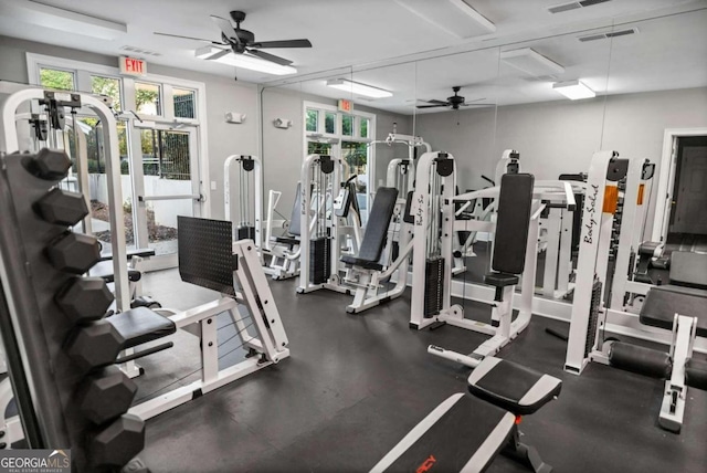 workout area with ceiling fan