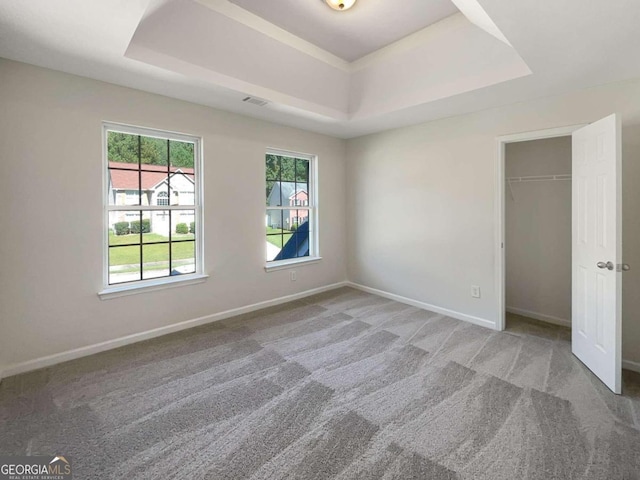 unfurnished bedroom featuring a raised ceiling and carpet flooring