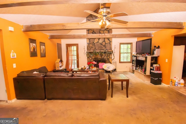 carpeted living room featuring a textured ceiling, a fireplace, ceiling fan, and beamed ceiling