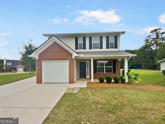 view of front property featuring a garage, covered porch, and a front lawn