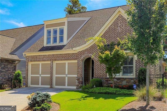 view of front facade with a front yard and a garage