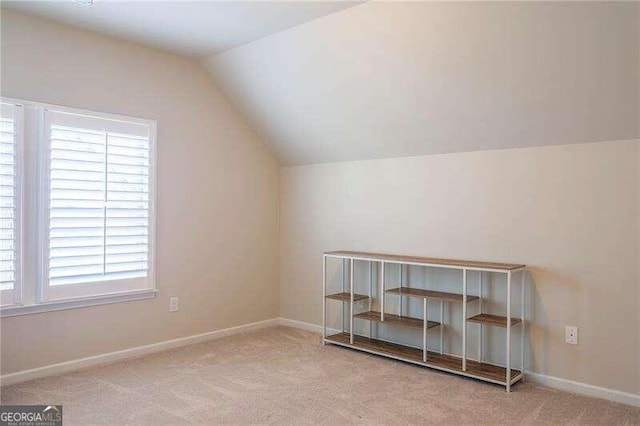 additional living space with lofted ceiling and light colored carpet