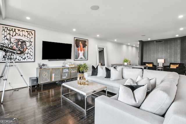 living room featuring ornamental molding and hardwood / wood-style flooring