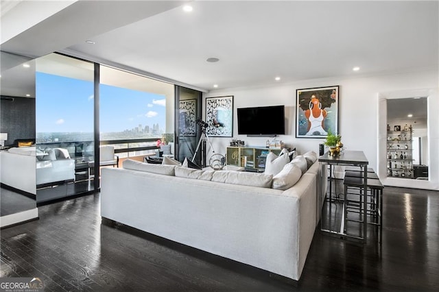 living room featuring dark hardwood / wood-style floors and floor to ceiling windows