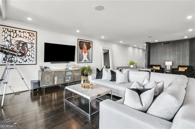 living room featuring ornamental molding and wood-type flooring