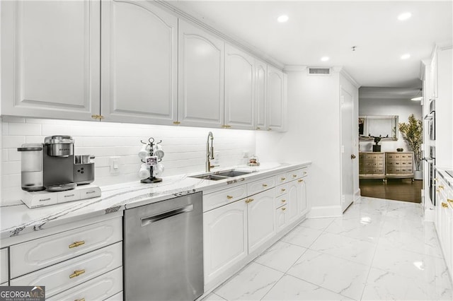 kitchen featuring sink, backsplash, white cabinetry, stainless steel dishwasher, and light stone counters