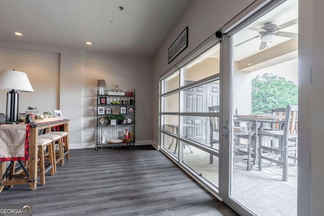 interior space with dark hardwood / wood-style flooring and ceiling fan