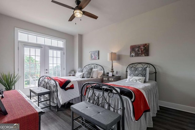 bedroom with ceiling fan, french doors, and dark hardwood / wood-style flooring