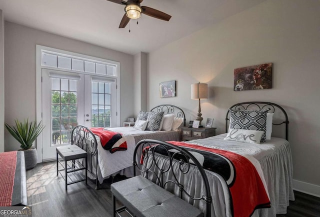 bedroom featuring ceiling fan, dark hardwood / wood-style floors, access to exterior, and french doors