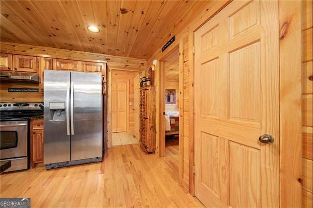 kitchen featuring wooden ceiling, stainless steel appliances, wood walls, and light wood-type flooring