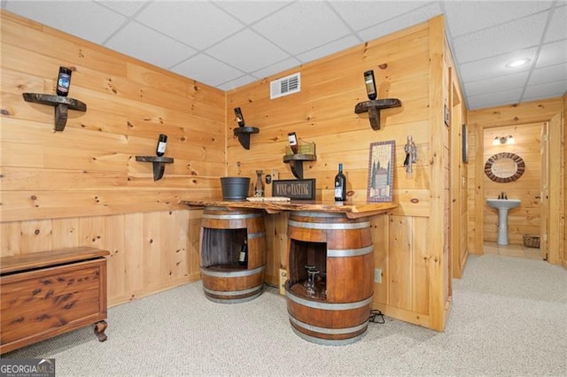 bar with wooden walls, light brown cabinetry, and light carpet