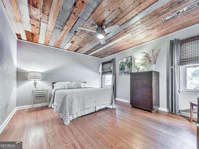 bedroom with wood-type flooring, wood ceiling, and ceiling fan