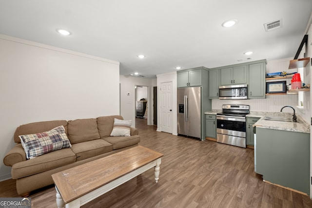 kitchen with green cabinetry, sink, dark wood-type flooring, and stainless steel appliances