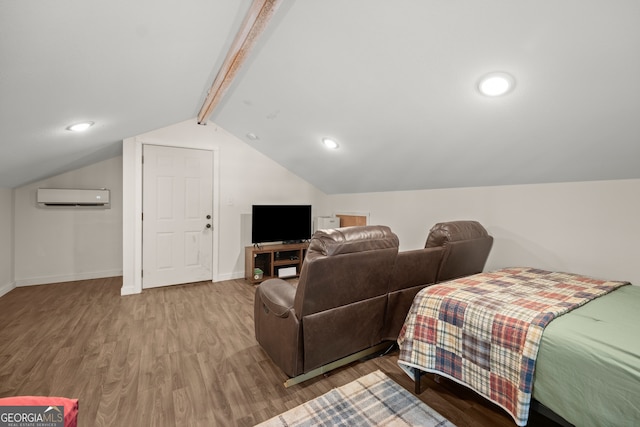 bedroom with vaulted ceiling with beams, hardwood / wood-style floors, and a wall unit AC