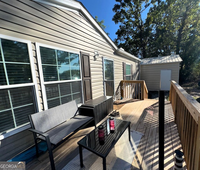 deck with a storage shed