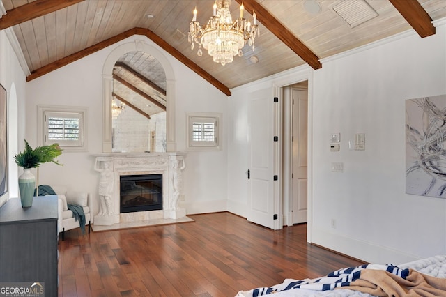 living room with a chandelier, lofted ceiling with beams, wooden ceiling, a premium fireplace, and dark wood-type flooring