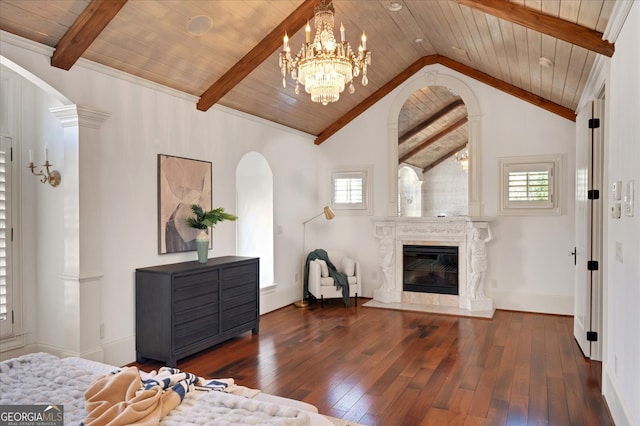 living room featuring lofted ceiling with beams, a fireplace, wood ceiling, and dark hardwood / wood-style flooring