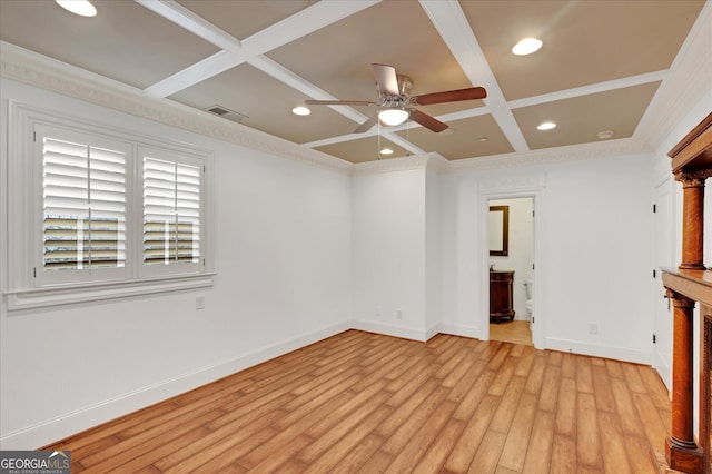 unfurnished living room with ceiling fan, beamed ceiling, ornamental molding, coffered ceiling, and light wood-type flooring