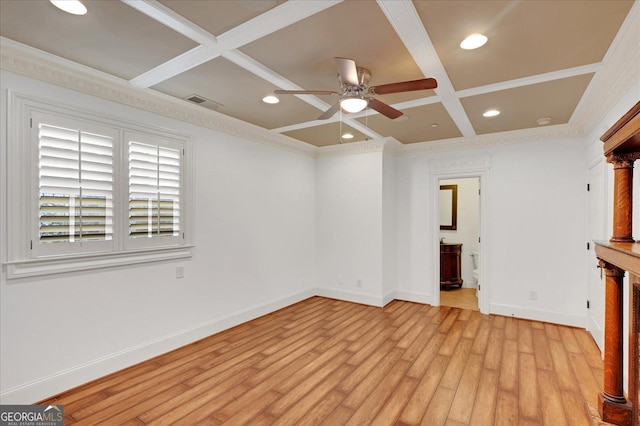 unfurnished living room with baseboards, a fireplace, wood finished floors, coffered ceiling, and a ceiling fan