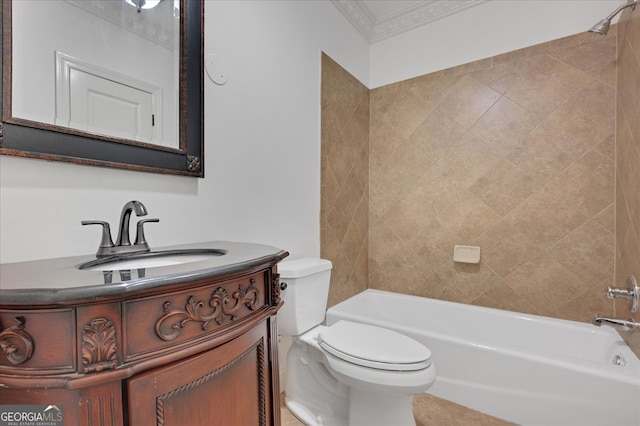 full bathroom featuring tiled shower / bath combo, vanity, and toilet