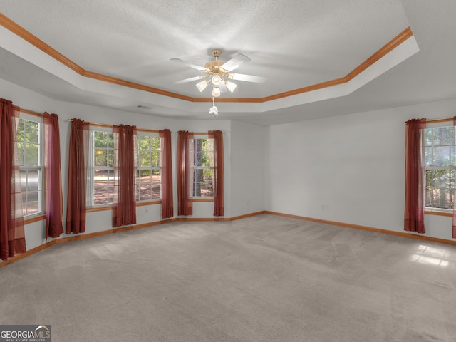 carpeted empty room featuring ornamental molding, a tray ceiling, a textured ceiling, and ceiling fan