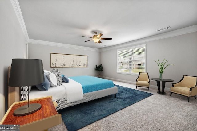 carpeted bedroom featuring ceiling fan and ornamental molding