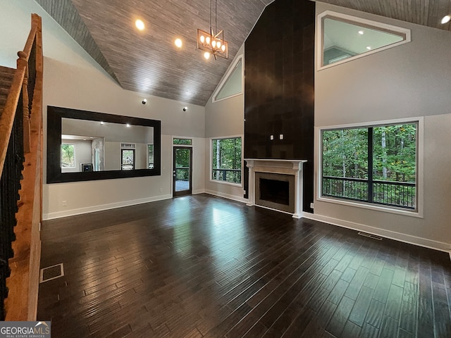 unfurnished living room with dark hardwood / wood-style floors, high vaulted ceiling, and a wealth of natural light